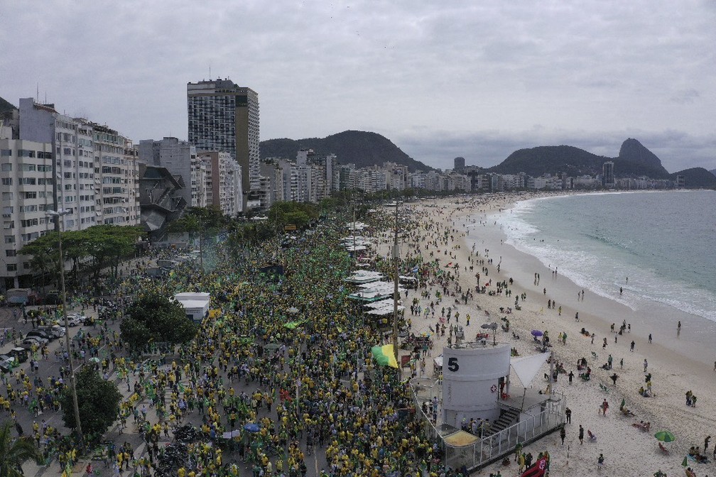 Imagem aérea de uma manifestação em apoio ao presidente Jair Bolsonaro na praia de Copacabana, no Rio de Janeiro, nesta terça-feira (7) — Foto: Mauro Pimentel/AFP
