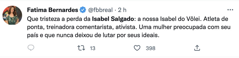 Fatima Bernardes fala sobre Isabel Salgado — Foto: Reprodução / Twitter