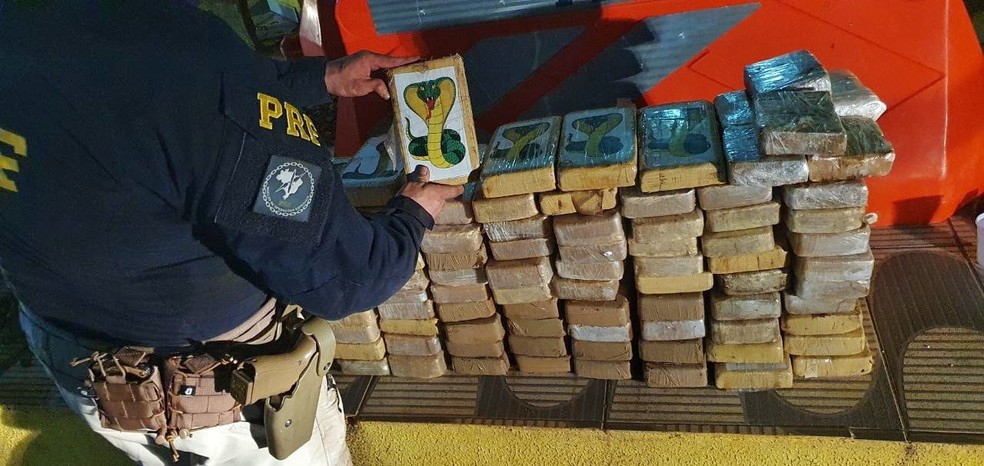 Drogas estavam etiquetadas com símbolo de cobra — Foto: Divulgação/PRF