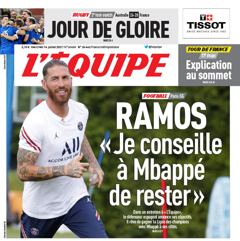 Entrevista com Sergio Ramos é capa do L'Equipe desta quarta: "Eu aconselhei Mbappé a ficar" — Foto: Reprodução/L'Equipe
