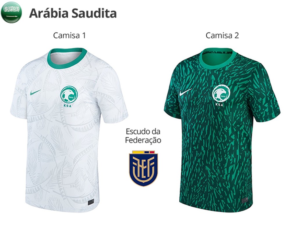 Uniformes da Arábia Saudita para a Copa do Mundo de 2022 — Foto: Divulgação