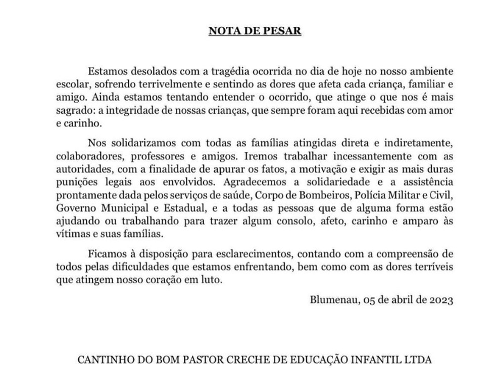 Nota de pesar publicado pela escola — Foto: Reprodução