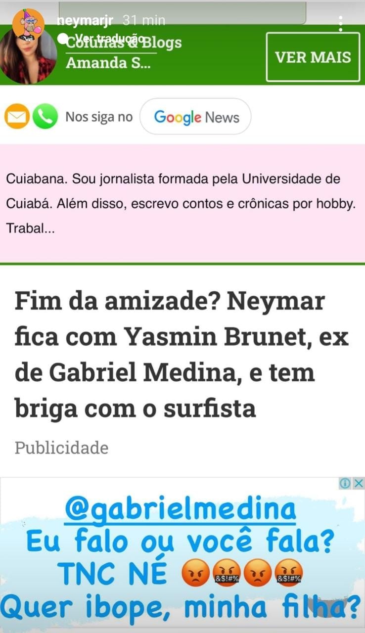 Neymar nega affair com Yasmin Brunet e briga com Gabriel Medina (Foto: Instagram)