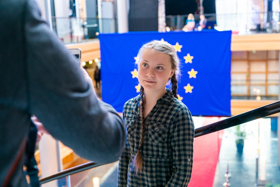 Greta Thunberg no parlamento europeu em abril de 2019