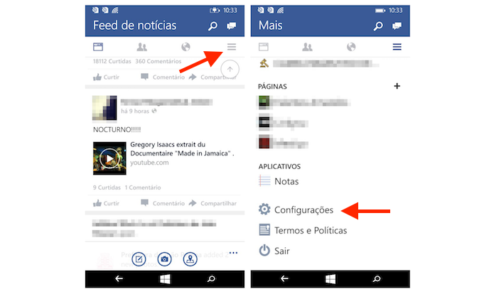 Acessando as configurações do Facebook para Windows Phone (Foto: Reprodução/Marvin Costa)