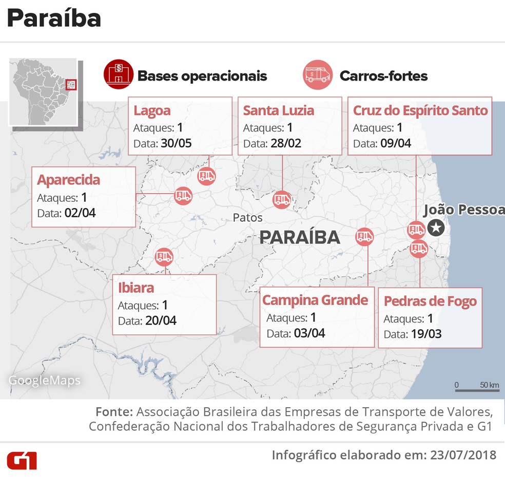 Ataques contra carros-fortes na Paraíba no 1° semestre de 2018 (Foto: Juliane Monteiro e Karina Almeida/G1)