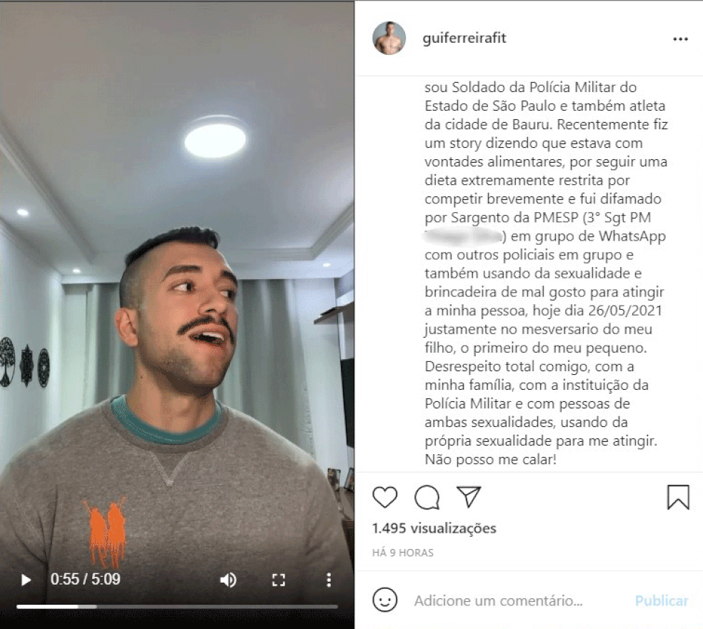Soldado Guilherme Ferreira Vicente gravou um vídeo na sua página nas redes sociais para denunciar um sargento por difamação e homofobia em São Paulo — Foto: Reprodução/Arquivo pessoal/Instagram