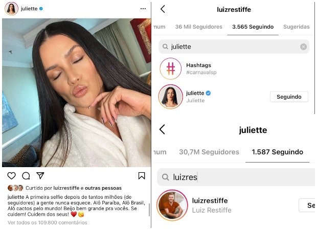 Curtidas de Luiz Restiffe em perfil de Juliette (Foto: Reprodução/Instagram)