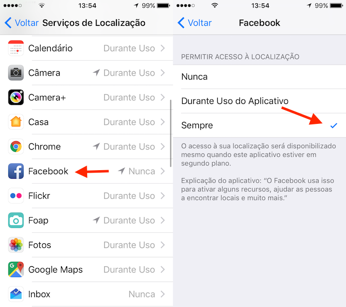 Ativação dos serviços de localização para o aplicativo do Facebook no iPhone (Foto: Reprodução/Marvin Costa)