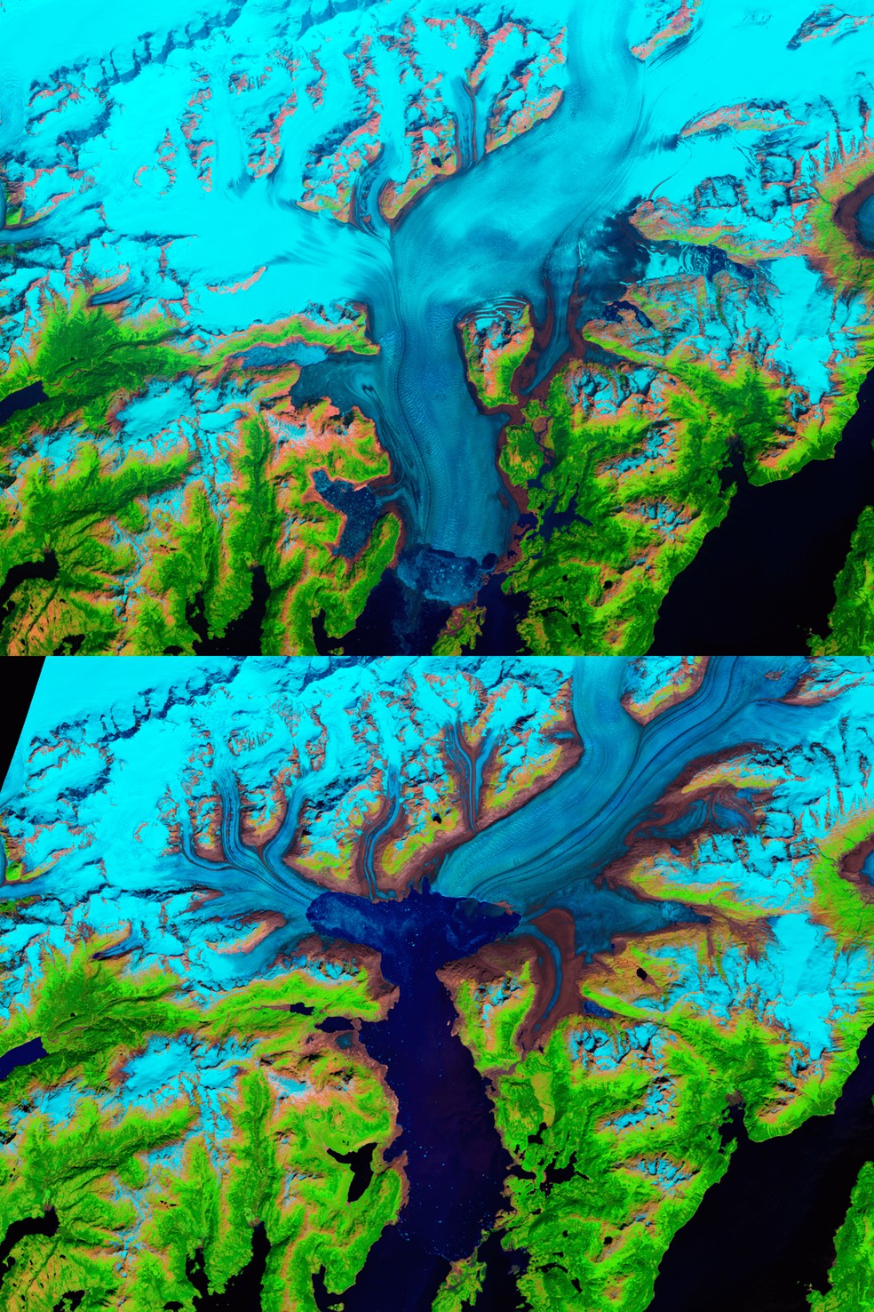 Derretimento da geleira Columbia, Alasca, nos EUA — Foto: NASA