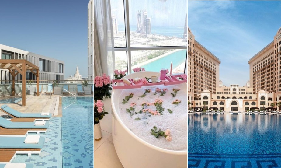 Três dos 9 hotéis mais luxuosos do Catar, da esquerda para direita: Alwadi Hotel Doha, Mondrian Doha e St Regis Doha