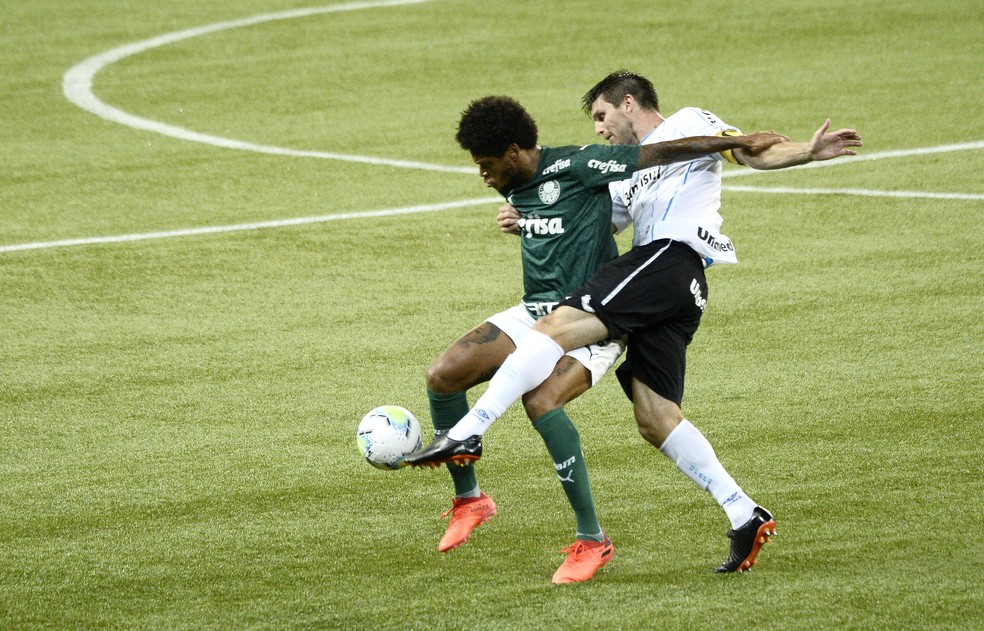 Kannemann e Luiz Adriano em Palmeiras x Grêmio — Foto: Marcos Ribolli/ge