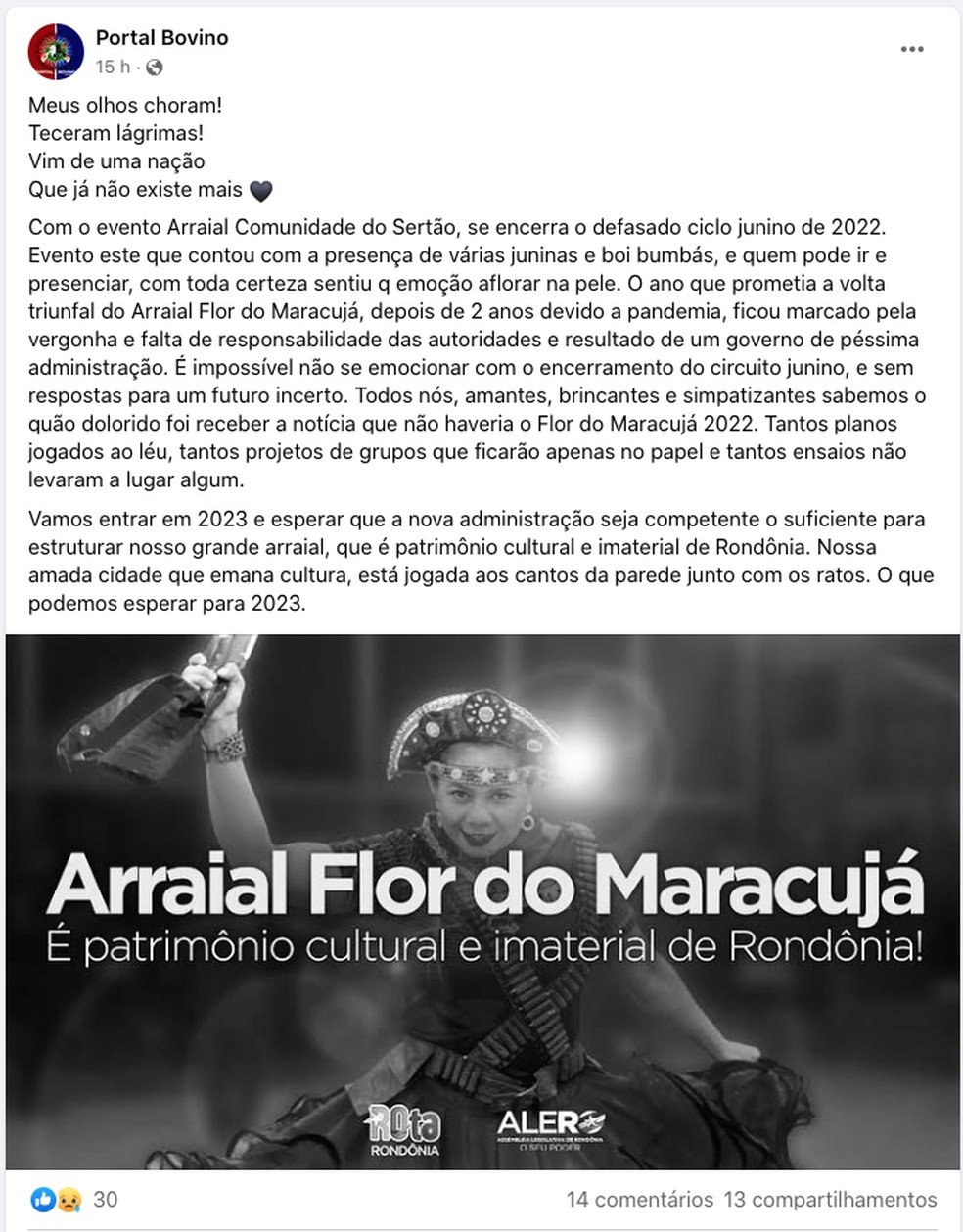Grupos se manifestam após cancelamento do Arraial Flor do Maracujá em Porto Velho — Foto: Reprodução/Facebook