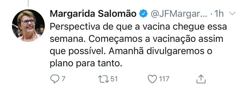 Margarida Salomão prevê em rede social a chegada da vacina em Juiz de Fora — Foto: Rede social/Reprodução