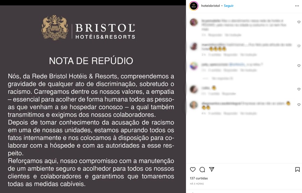 Nota da Rede Bristol sobre a denúncia de racismo — Foto: Reprodução/Instagram
