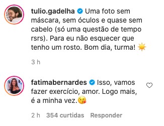 Fátima Bernardes, namorada de Túlio, comentou a publicação (Foto: Reprodução/Instagram)
