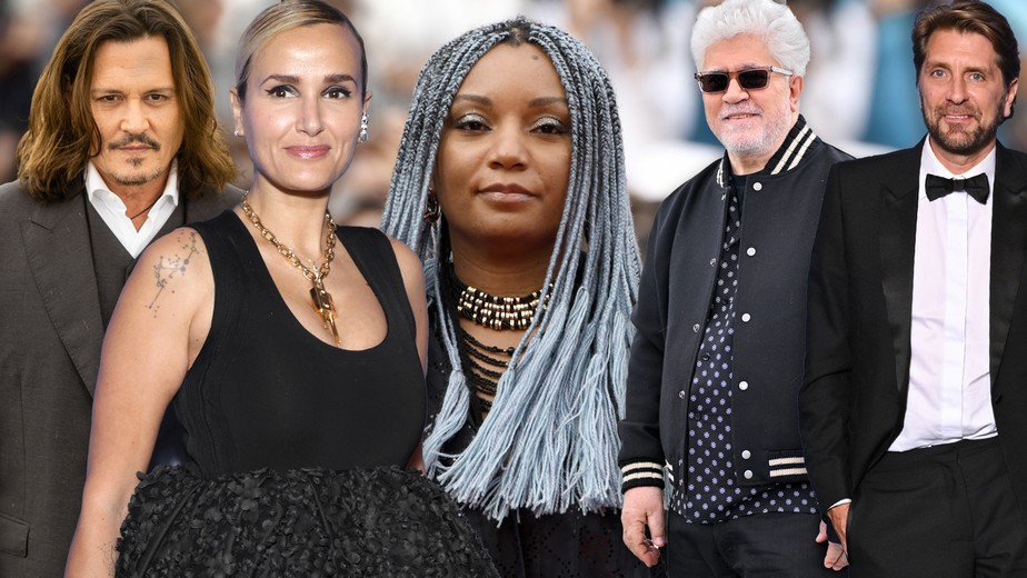 Johnny Depp, Brie Larson, Rungano Nyoni, Pedro Almodóvar e Ruben Östlun no Festival de Cannes 2023