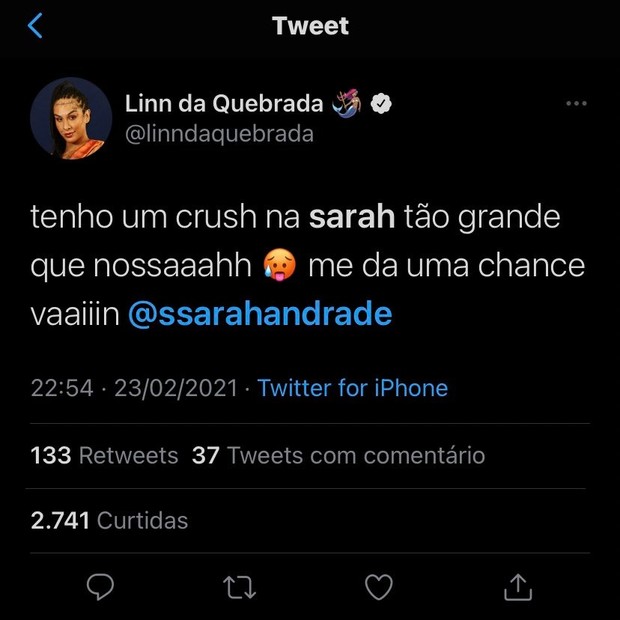 Fã diz que Linn da Quebrada era hater de Sarah, do BBB21, que