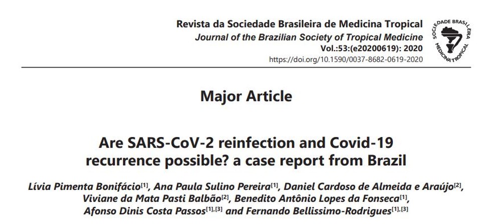 Estudo que aponta reinfecção por coronavírus em Ribeirão Preto (SP) é publicado em revista científica — Foto: Revista da Sociedade Brasileira de Medicina Tropical/Reprodução