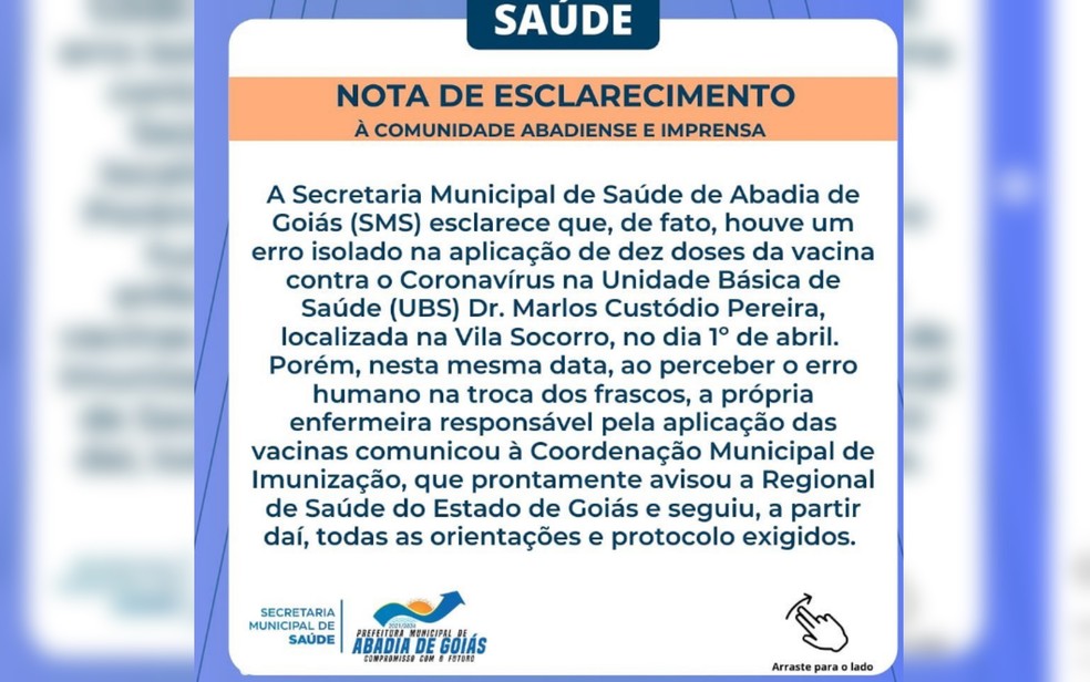 Prefeitura de Abadia de Goiás informou que 10 crianças receberam vacina de adulto contra a Covid-19 — Foto: Reprodução/Instagram