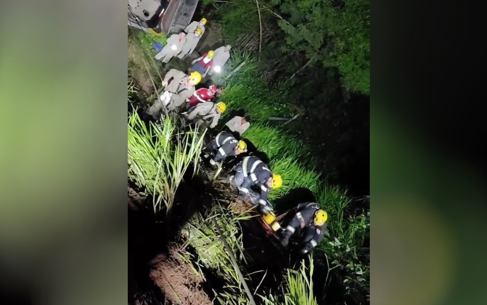 Bombeiros resgatam passageiros de ônibus que caiu em barranco na BR-153 — Foto: Reprodução/TV Anhanguera