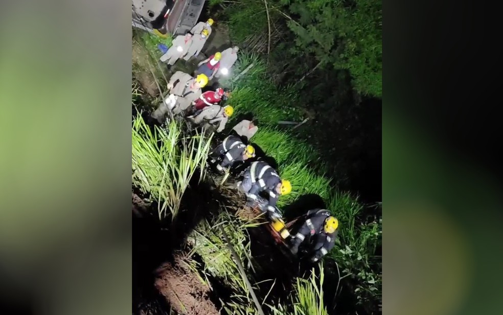 Bombeiros resgatam passageiros de ônibus que caiu em ribanceira na BR-153 — Foto: Reprodução/TV Anhanguera