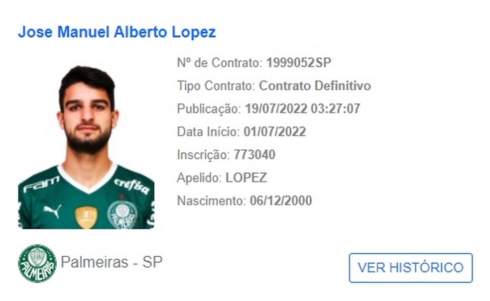 Nome de López é registrado no BID da CBF pelo Palmeiras — Foto: Reprodução
