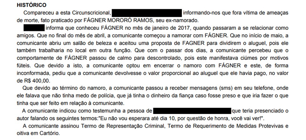 Registro de ocorrência feito por uma ex-namorada de Fagner.  — Foto: DIvulgação/PCDF