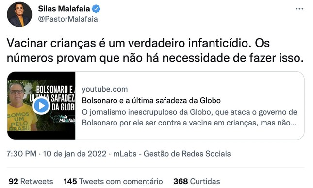 Post negacionista de Malafaia que foi removido