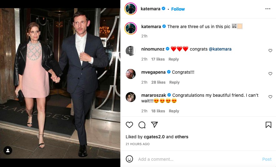 O post da atriz Kate Mara anunciando que está novamente grávida o ator Jamie Bell (Foto: Instagram)