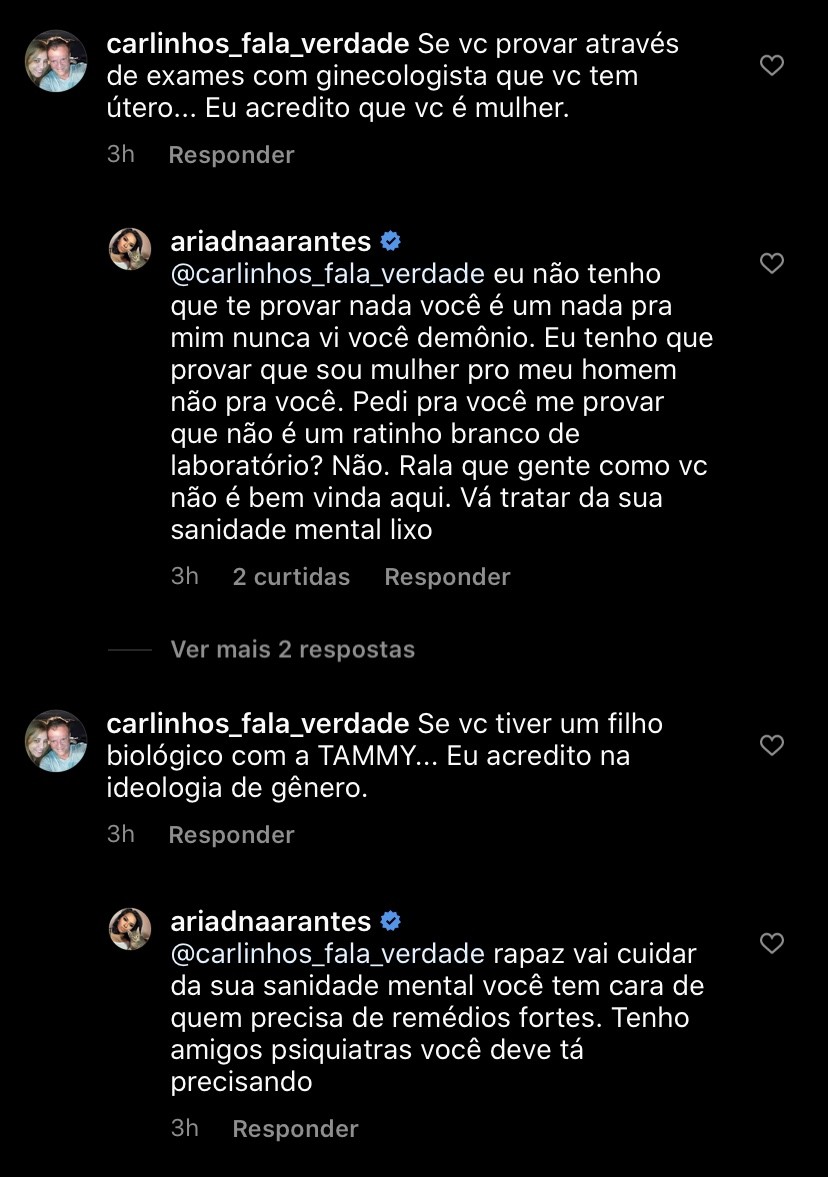 Ariadna Arantes responde internauta no Instagram (Foto: Instagram)