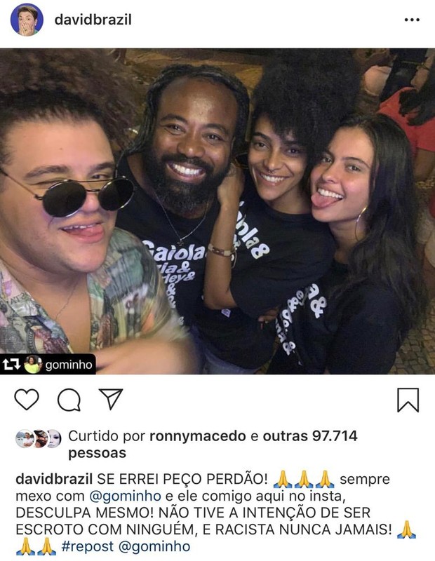 David Brazil faz post pedindo perdão (Foto: Reprodução/Instagram)