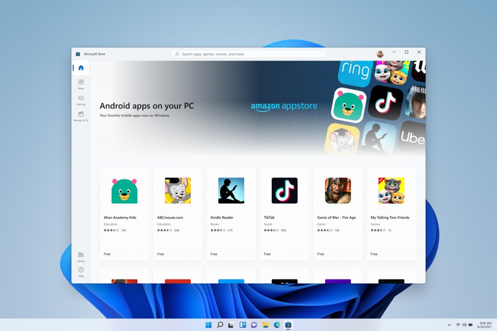 Windows 11: Microsoft Store do sistema operacional tem suporte a apps para Android — Foto: Divulgação/Microsoft