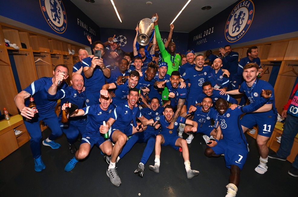 Jogadores do Chelsea comemoram a conquista da Liga dos Campeões em 2021 — Foto: Reprodução de Twitter