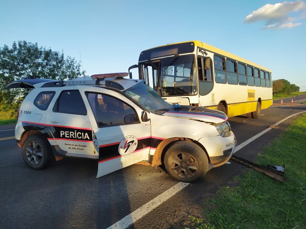 Colisão entre ônibus e viatura matou policial científica em Martinópolis (SP) — Foto: Bruna Bachega/TV Fronteira