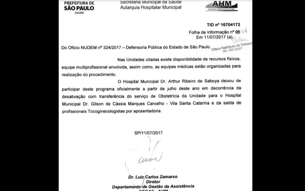 Documento da Secretaria Municipal de Saúde confirma fechamento do atendimento para aborto legal no Hospital Saboya em julho deste ano (Foto: Reprodução)