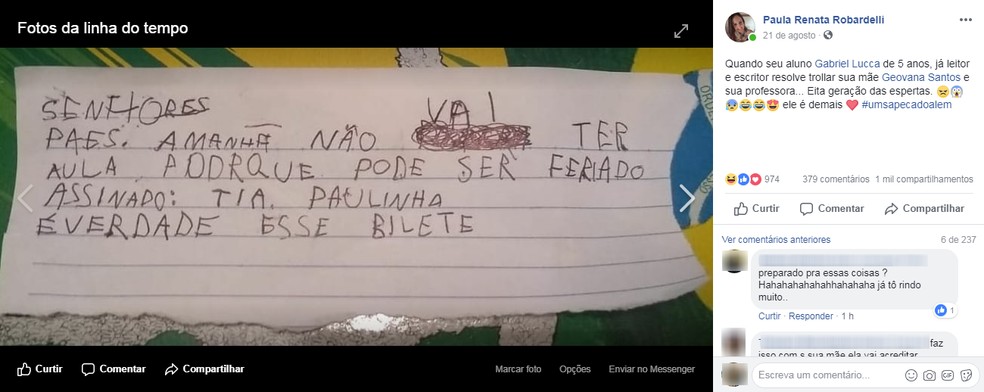 Post com a foto do bilhete viralizou nas redes sociais Bocaina (Foto: Reprodução/Facebook)