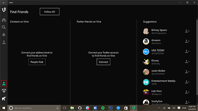 Vine pode procurar por seguidores no contatos do Twitter ou do Windows 10 (Foto: Reprodução/Elson de Souza)