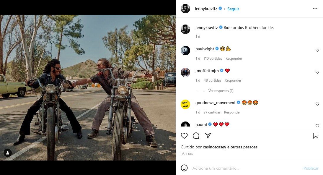 O post de Lenny Kravitz com seu momento de broderagem com Jason Momoa (Foto: Instagram)