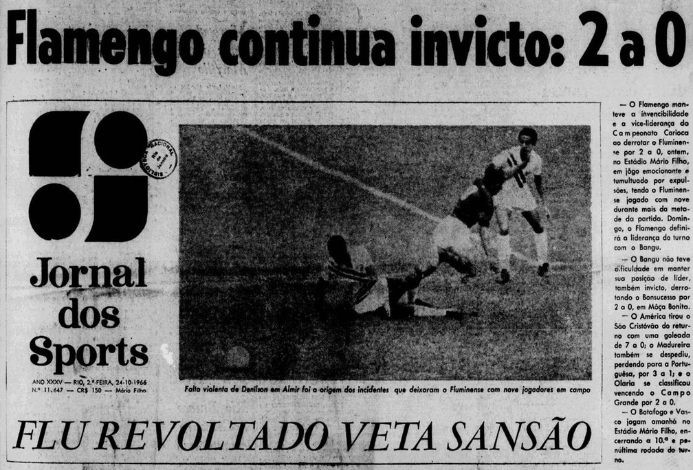 Manchete do "Jornal dos Sports" cita invencibilidade do Fla e revolta do Flu em 24/10/1966 — Foto: Reprodução