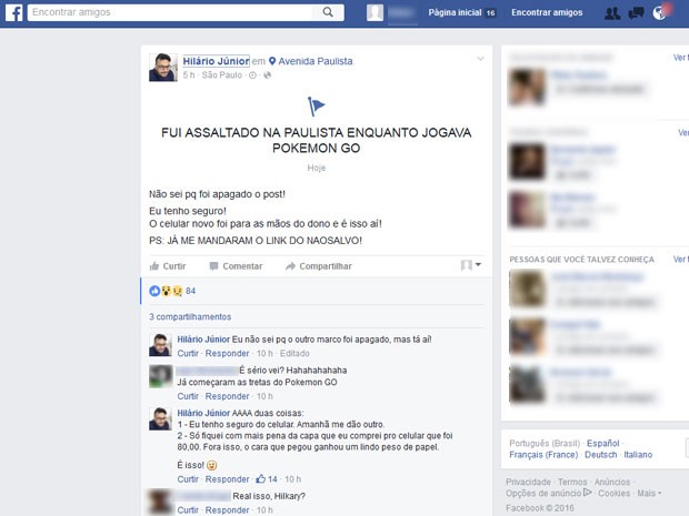Publicitário postou que teve o celular roubado na Avenida Paulista enquanto caçava pokémons (Foto: Reprodução / Facebook)