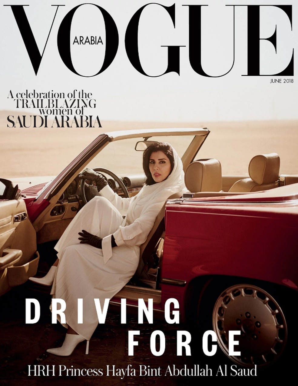 Capa da revista 'Vogue Arabia' mostra princesa saudita ao volante de carro conversível (Foto: Tasneem Al Sultan/Vogue Arabia)