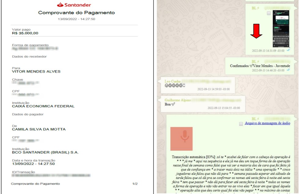 Comprovante de pagamento de R$ 35 mil para Vitor Mendes, cooptado pela máfia das apostas — Foto: Reprodução