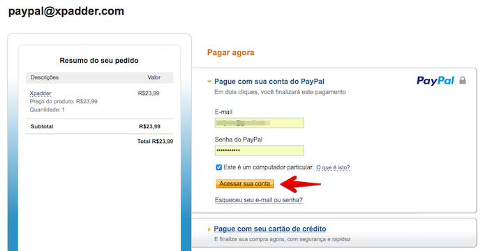 Acesse a sua conta no PayPal (Foto: Reprodução/Helito Bijora)