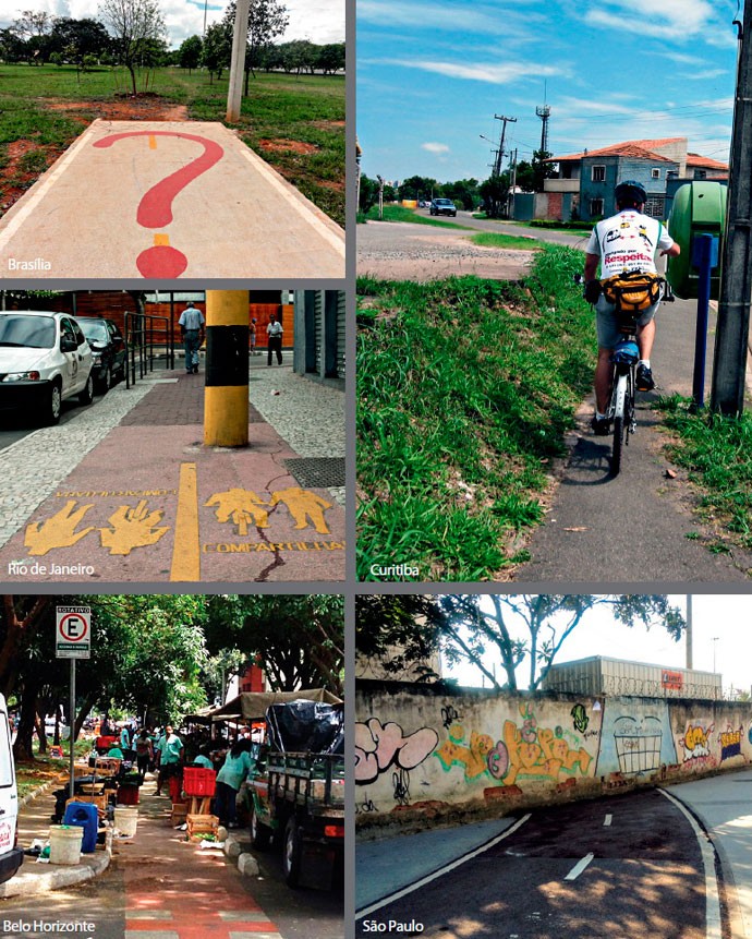 Só no papel: As ciclovias construídas em grandes cidades escondem falhas de sinalização, manutenção e projeto (Foto: Suzana Dias, Luís Patrício, Uirá Lourenço , AgênciaOGlobo, FolhaPress)
