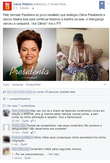 No post, secretária parabeniza Dilma e diz que Marina está 'livre para continuar fazendo a bainha da saia'. (Foto: Reprodução/Facebook)