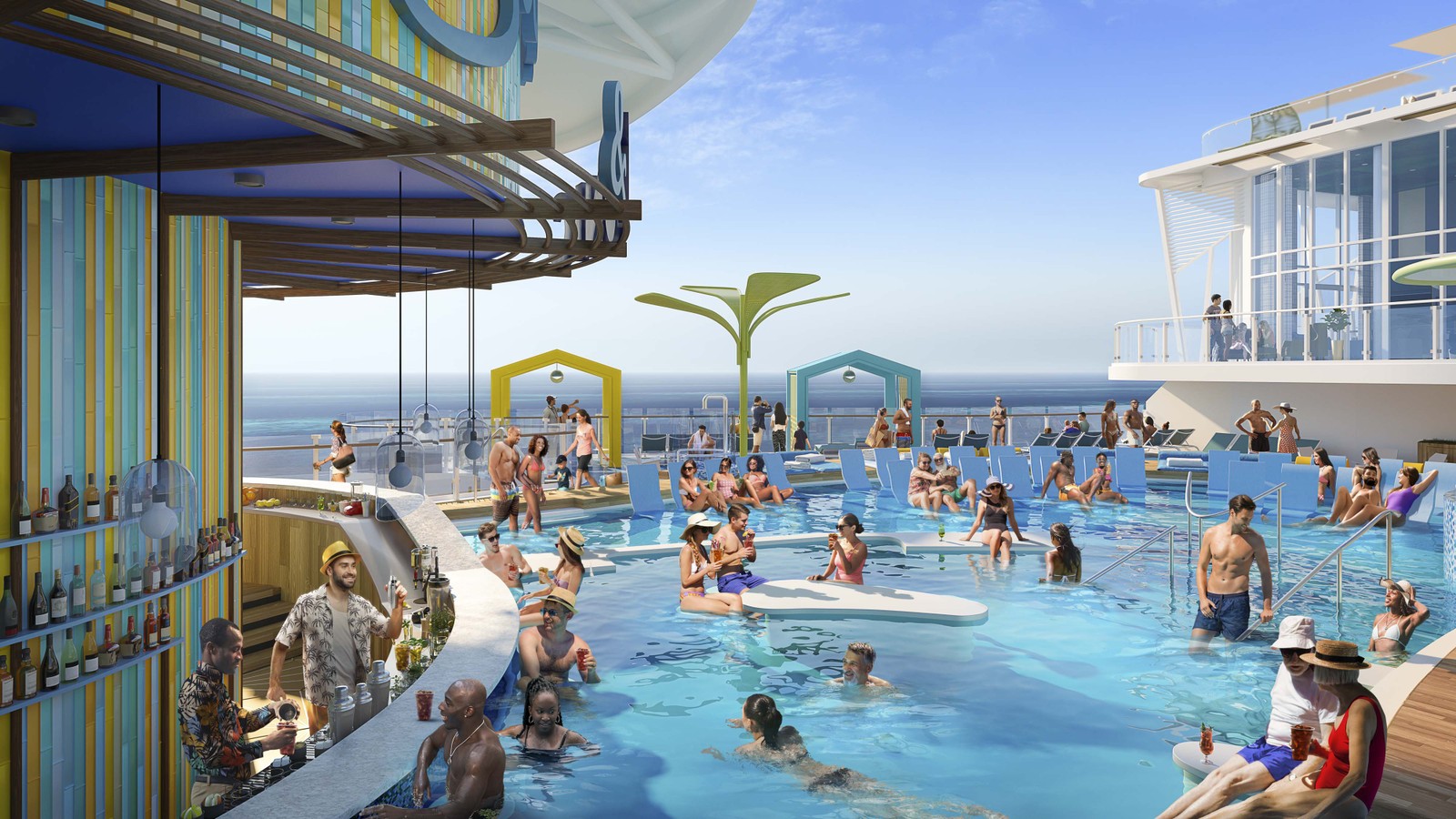 Uma delas será a Swim & Tonic, a primeira piscina com bar molhado da frota da Royal Caribbean, que lançará o Icon of the Seas em janeiro de 2024 — Foto: Divulgação