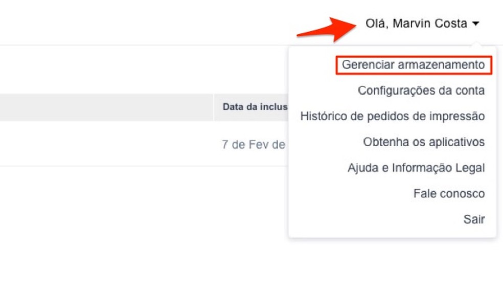 Ação para acessar a página de gerenciamento de armazenamento no serviço online Amazon Drive — Foto: Reprodução/Marvin Costa