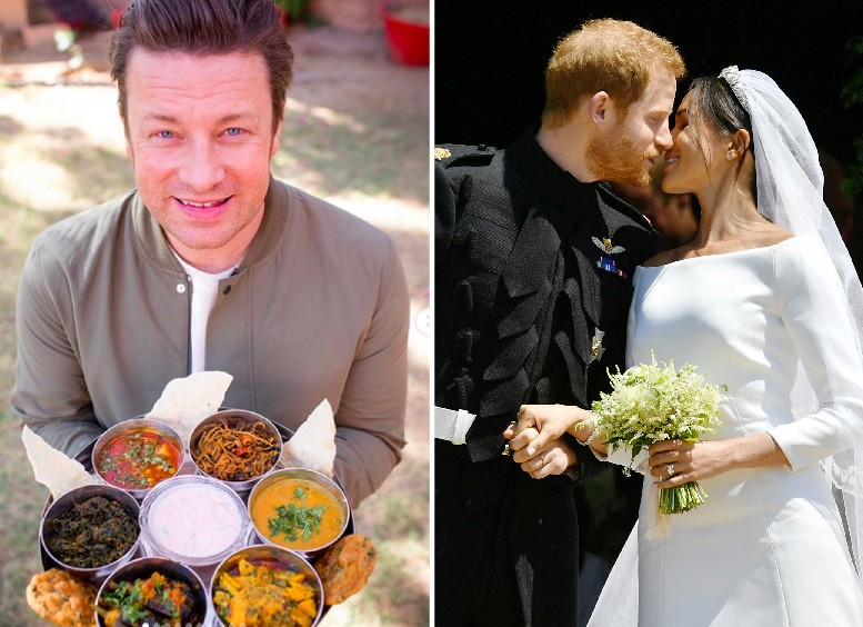 O chef e apresentador inglês Jamie Oliver e um registro do dia de casamento do Príncipe Harry com a atriz Meghan Markle (Foto: Instagram/Getty Images)