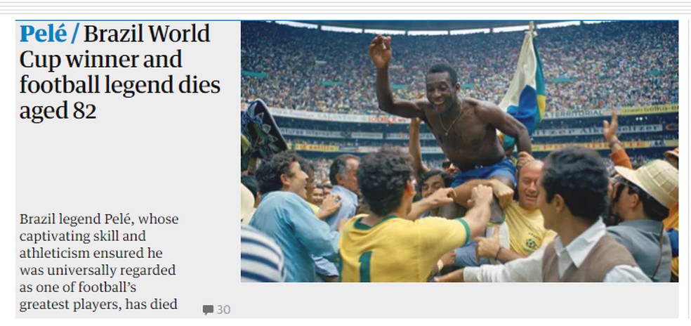 Capa do The Guardian para morte de Pelé — Foto: Reprodução